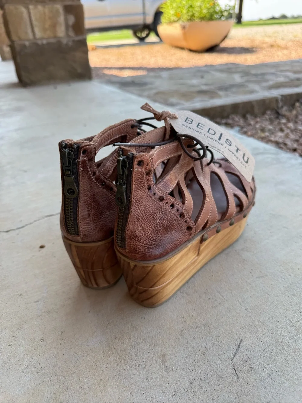 BedStu Brown Leather Lace-Up Wedge Sandals